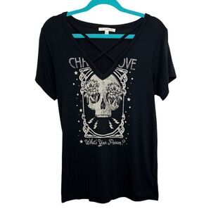 Express Skull Short Sleeve V Neck Cut Out Shirt Black & White Size XS